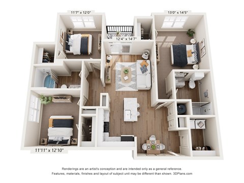 A 3D floor plan of a small apartment with a kitchen, living room, and two bedrooms.